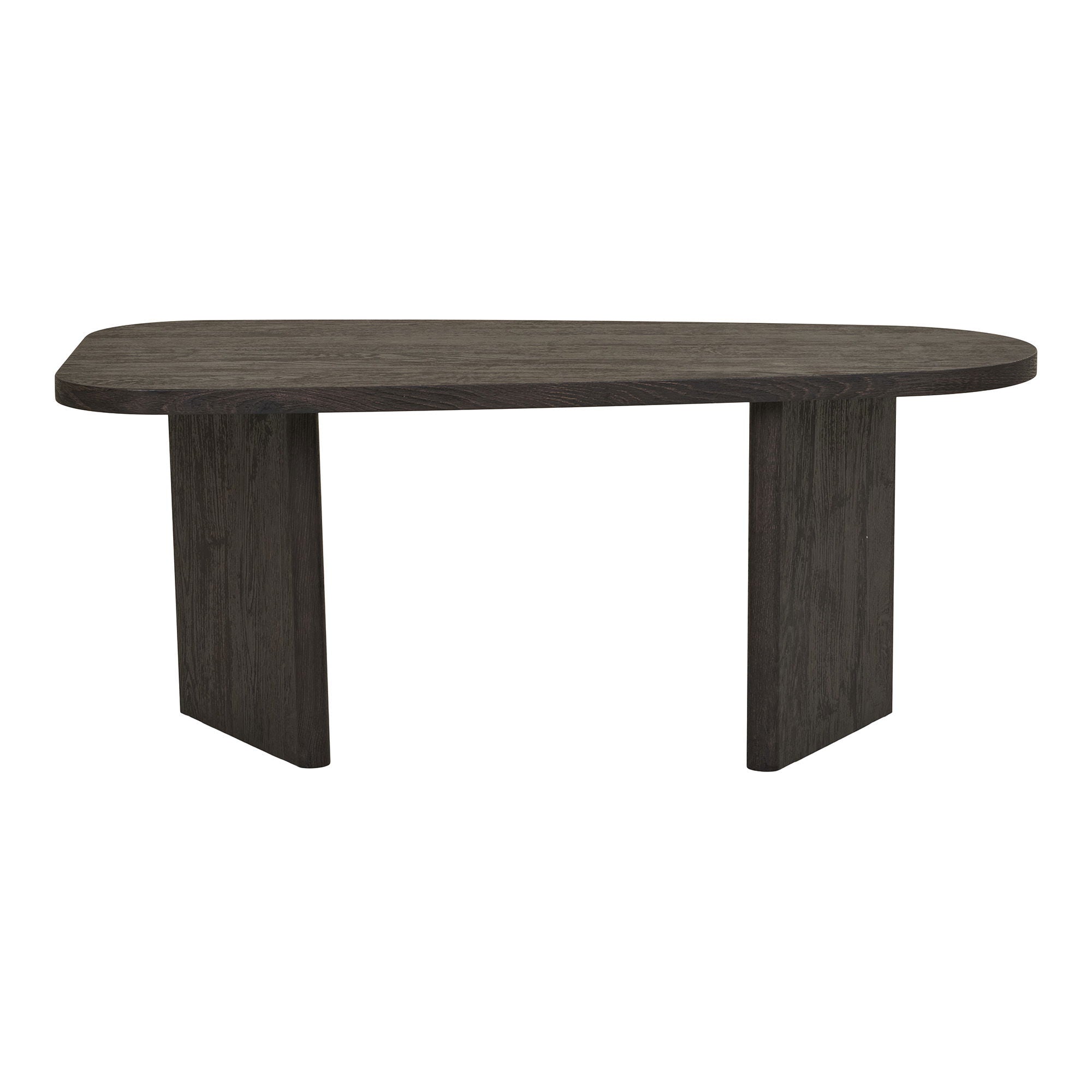 Detail van de platte MDF-panelen met decor-paper houtlook van de House Nordic Melo salontafel in donkerbruine tint.
